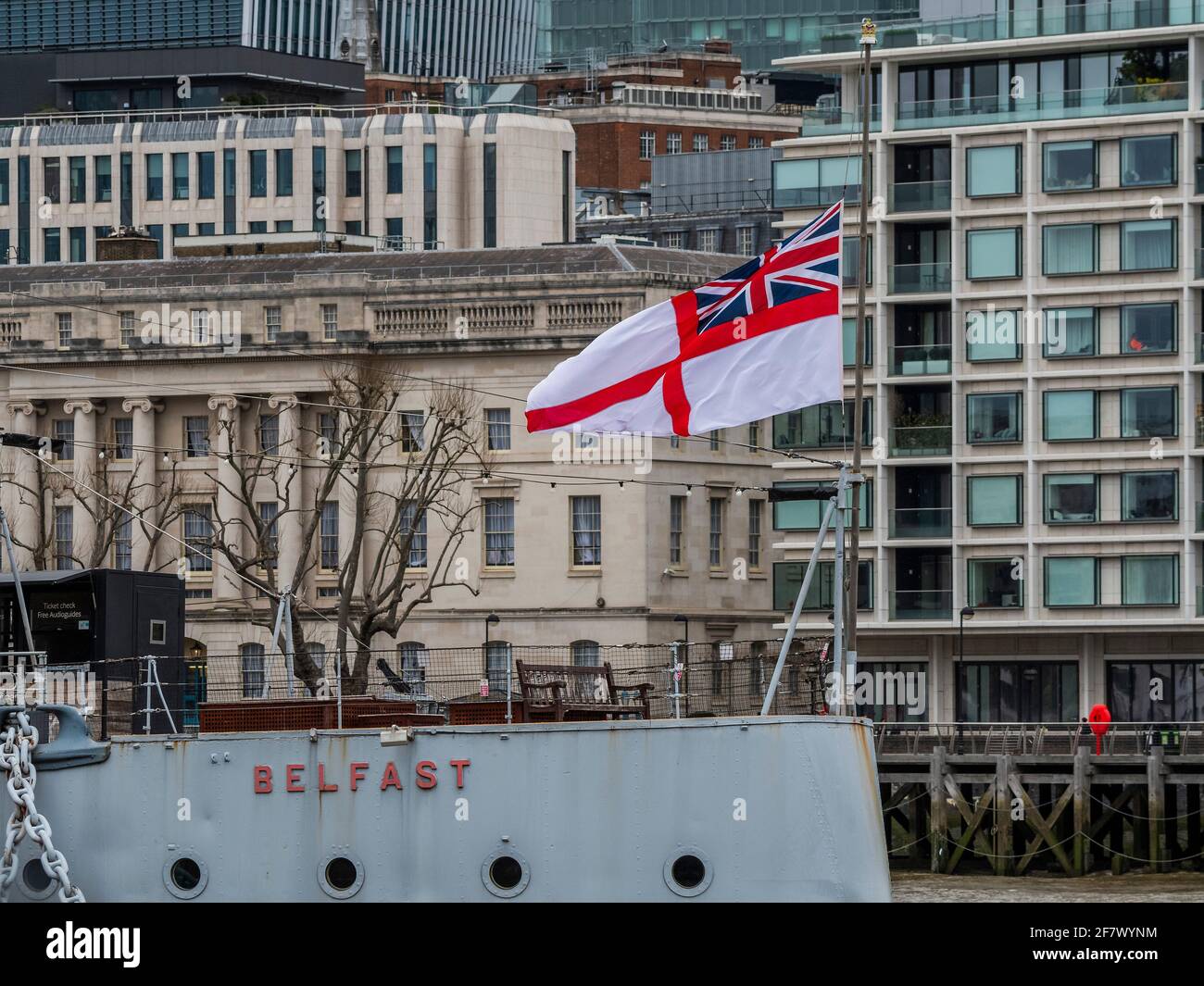 London, UK. 10th Apr, 2021. The White Ensign flies at half mast on HMS Belfast in honour of Prince Philip, Duke of Edinburgh, who died yesterday aged 99. Credit: Guy Bell/Alamy Live News Stock Photo