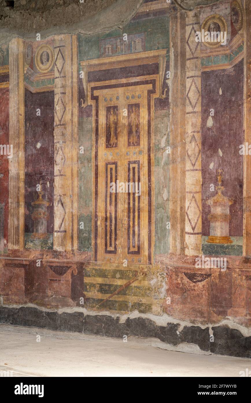 Torre Annunziata. Italy. Archaeological site of Oplontis (Villa di Poppea / Villa Poppaea / Villa A). Detail showing Second Style frescoes in the larg Stock Photo