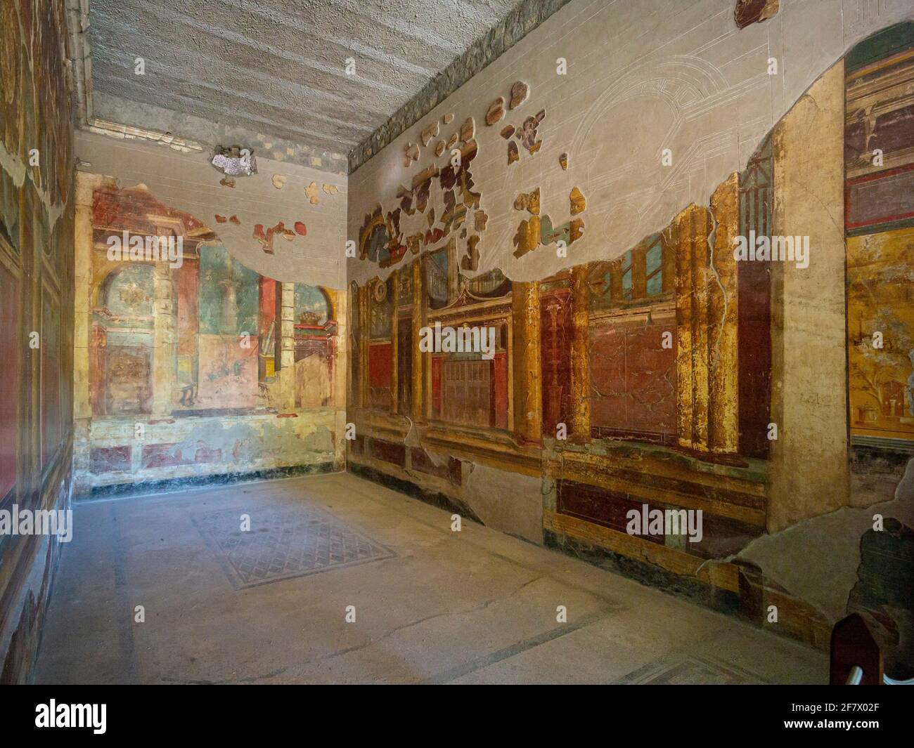 Torre Annunziata. Italy. Archaeological site of Oplontis (Villa di Poppea / Villa Poppaea / Villa A). Triclinium (dining room) decorated with frescoes Stock Photo