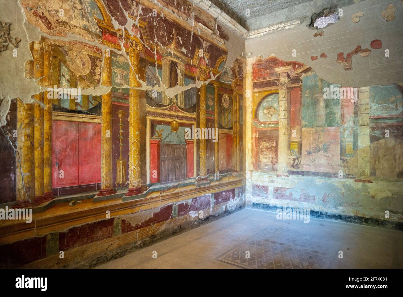 Torre Annunziata. Italy. Archaeological site of Oplontis (Villa di Poppea / Villa Poppaea / Villa A). Triclinium (dining room) decorated with frescoes Stock Photo