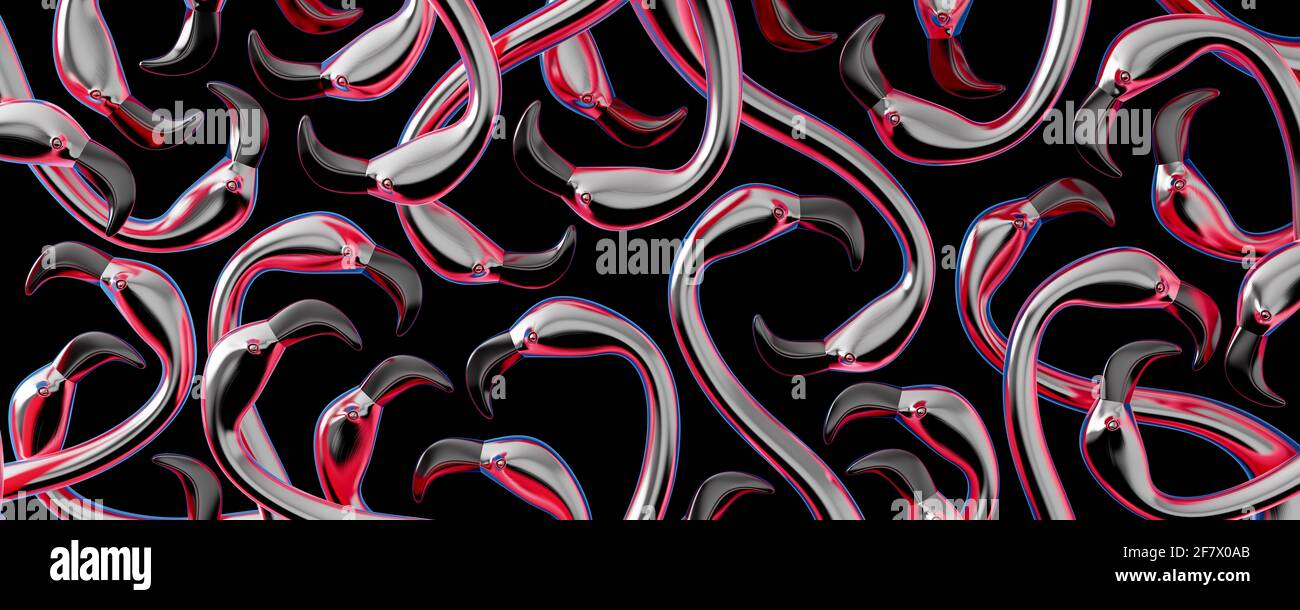 Metal reflective flamingos on black background. Abstract decorative concept 3D Render 3D illustration Stock Photo