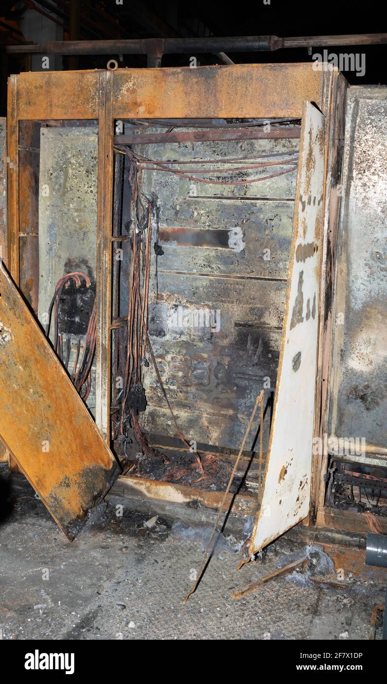 electrical cabinet totally destroyed by a fire Stock Photo