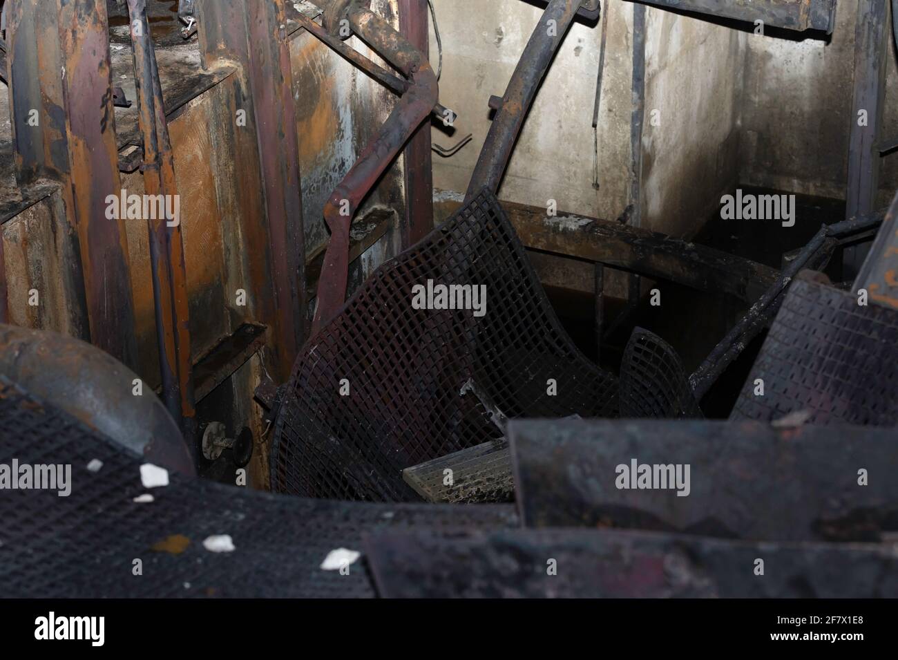 metal structure with pipes, destroyed and rusted after a fire Stock Photo