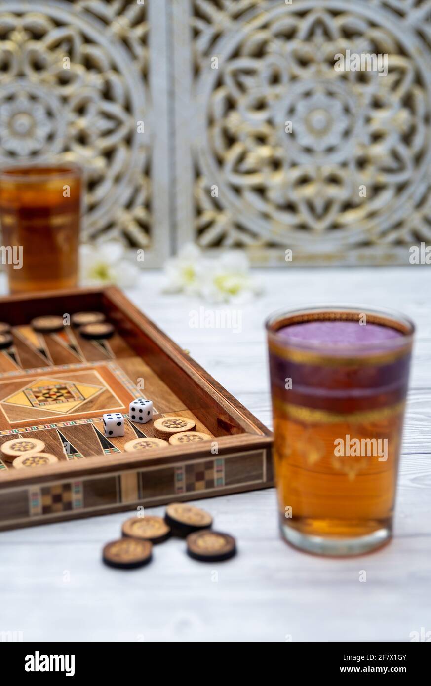 Oldest Known Board Games Backgammon With Cups Of Tee Stock Photo Alamy