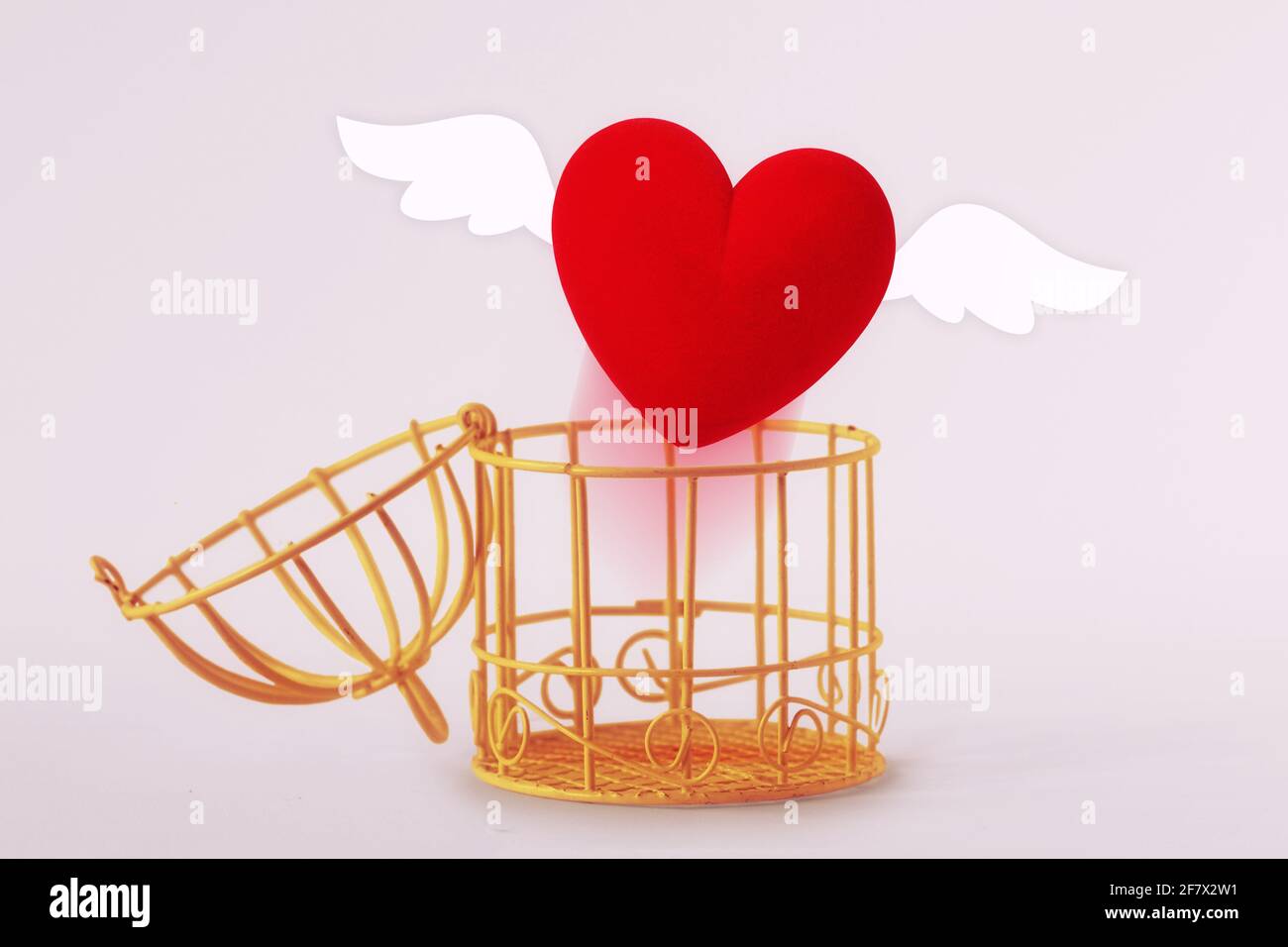Opened bird cage with escaping heart - Concept of love and freedom Stock Photo