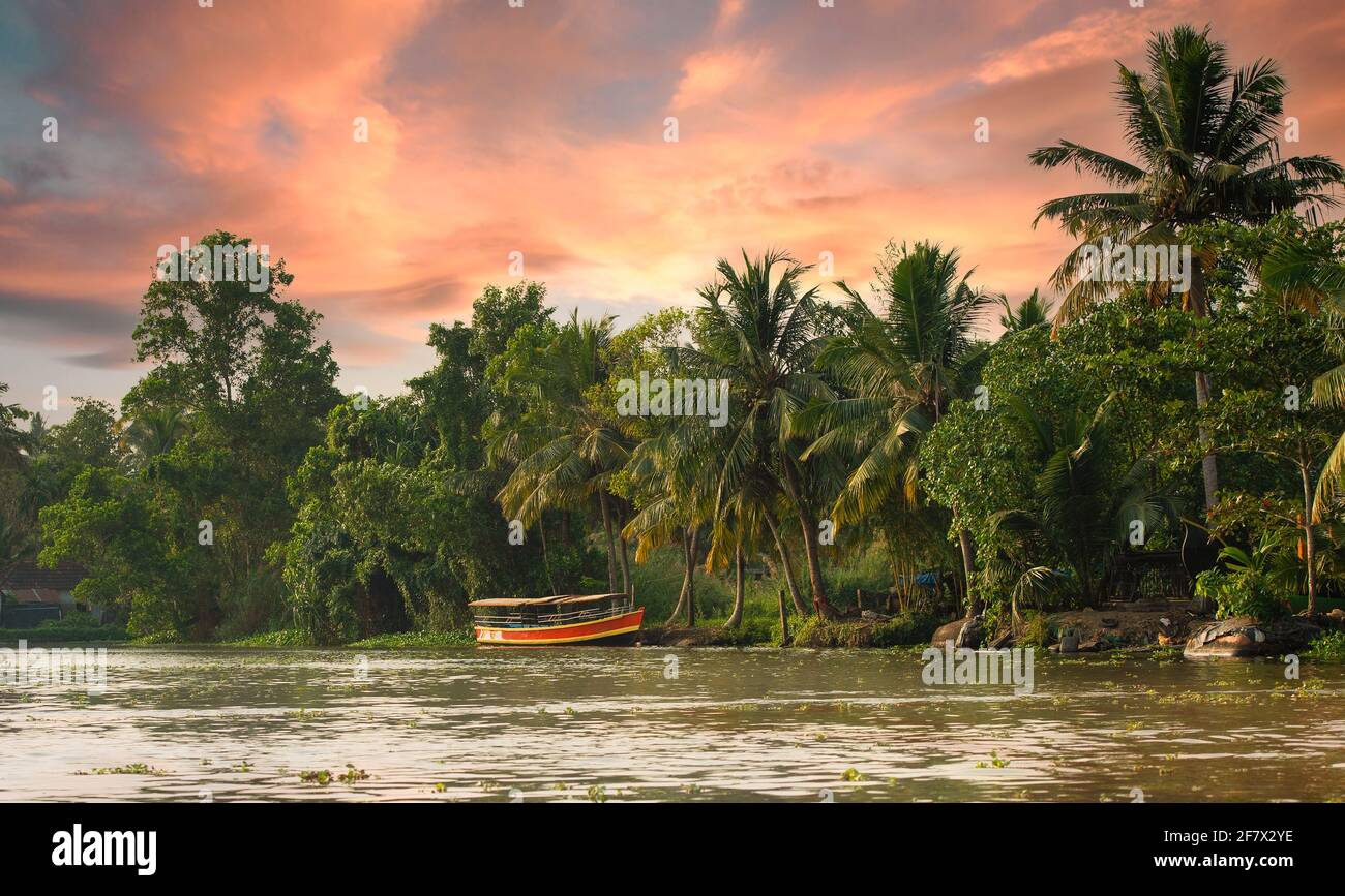 Stunning view of a boat sailing on the Alleppey's backwaters during a beautiful sunset. Kerala, India. Stock Photo