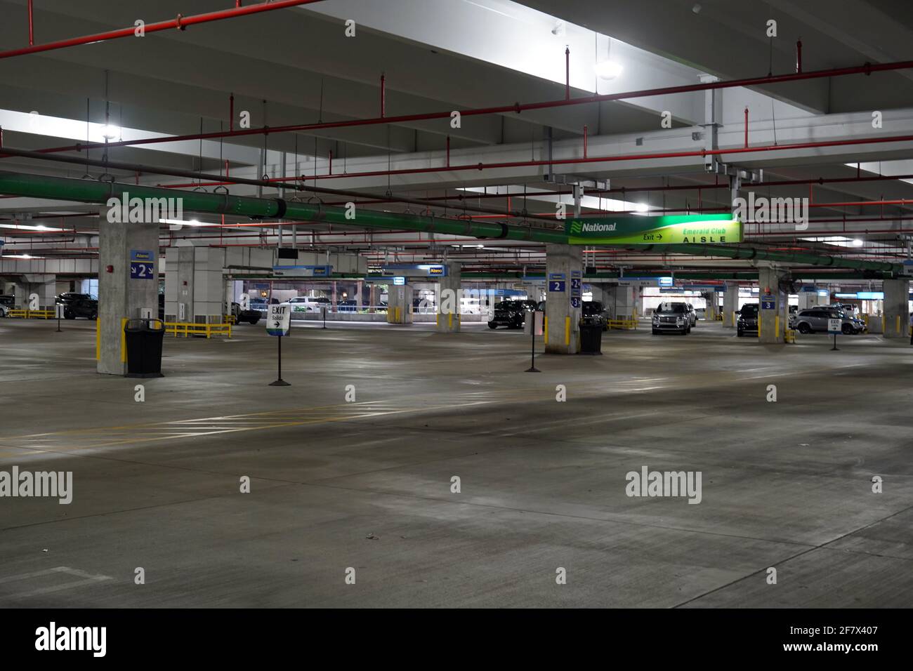 Empty parking stalls at National Rental Car at the Miami International Airport rental car center, Friday, April 9, 2021, in Miami. (Photo by Image of Sport/Sipa USA) Stock Photo