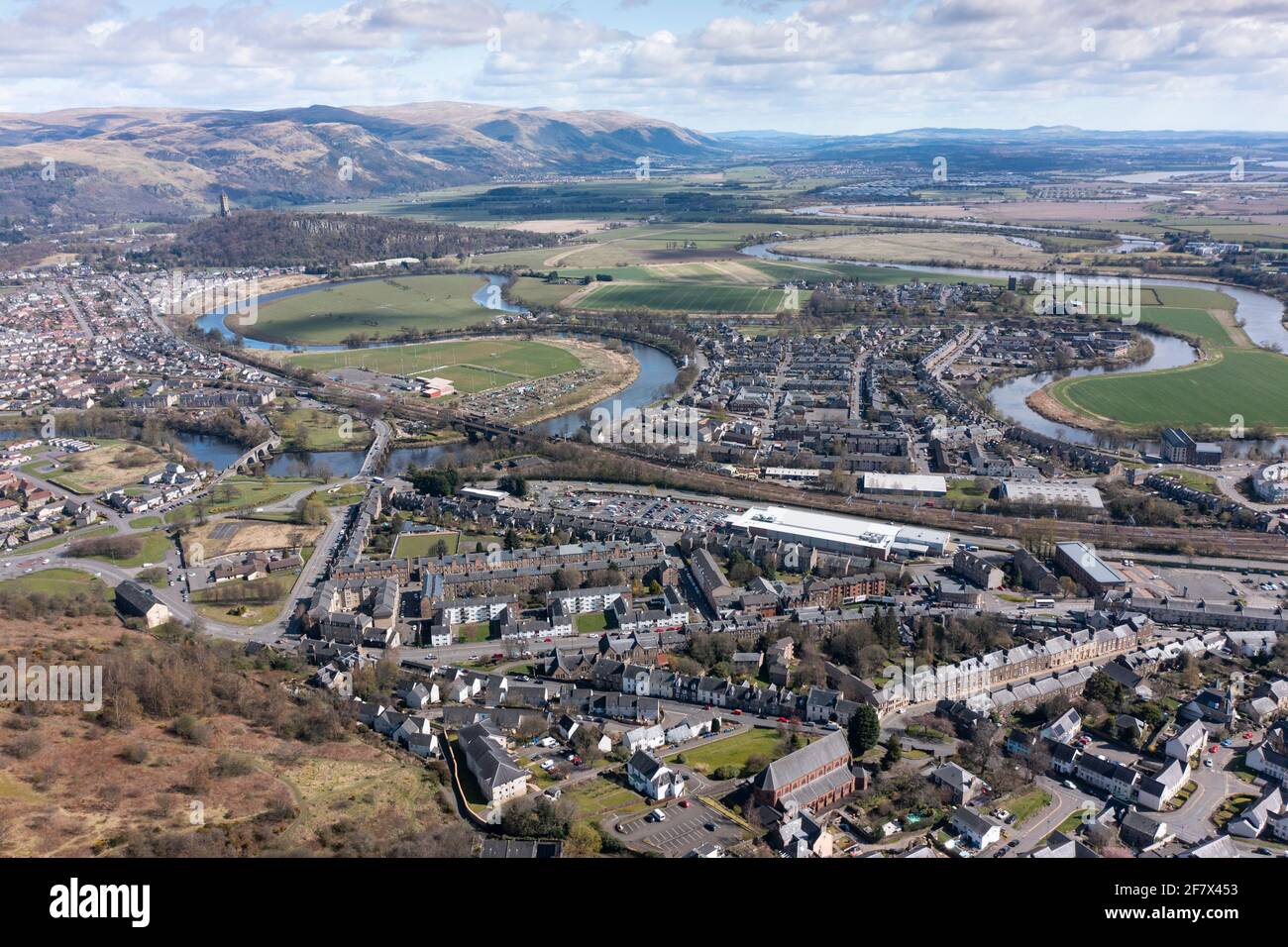 Aerial view from drone of city of  Stirling in Scotland, UK Stock Photo