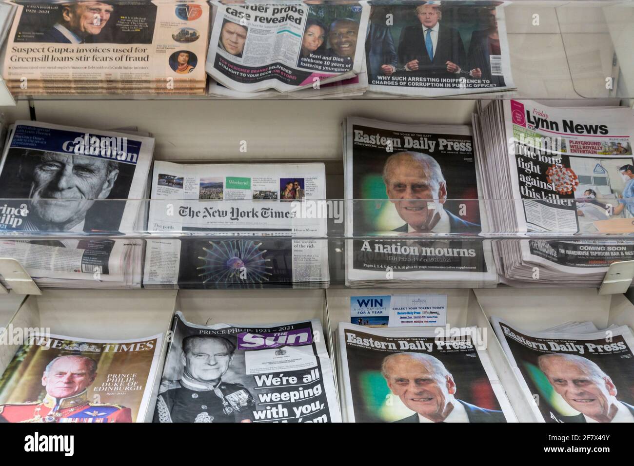 UK 10 April 2021.  UK newspapers after the announcement yesterday of the death at Windsor Castle of Prince Philip, the Duke of Edinburgh. Credit: Janet Sheppardson/Alamy Stock Photo