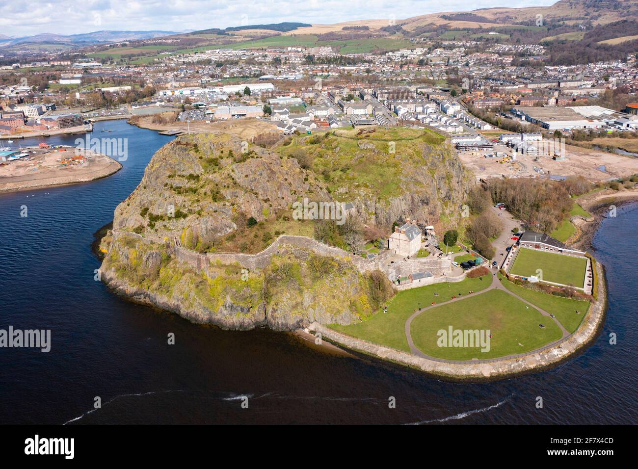 Aerial view from drone of Dumbarton Castle (closed during Covid-19 lockdown) on Dumbarton Rock beside River Clyde, Scotland, UK Stock Photo