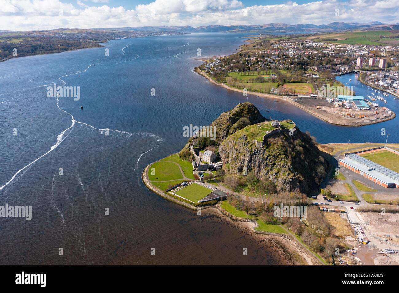 Aerial view from drone of Dumbarton Castle (closed during Covid-19 lockdown) on Dumbarton Rock beside River Clyde, Scotland, UK Stock Photo