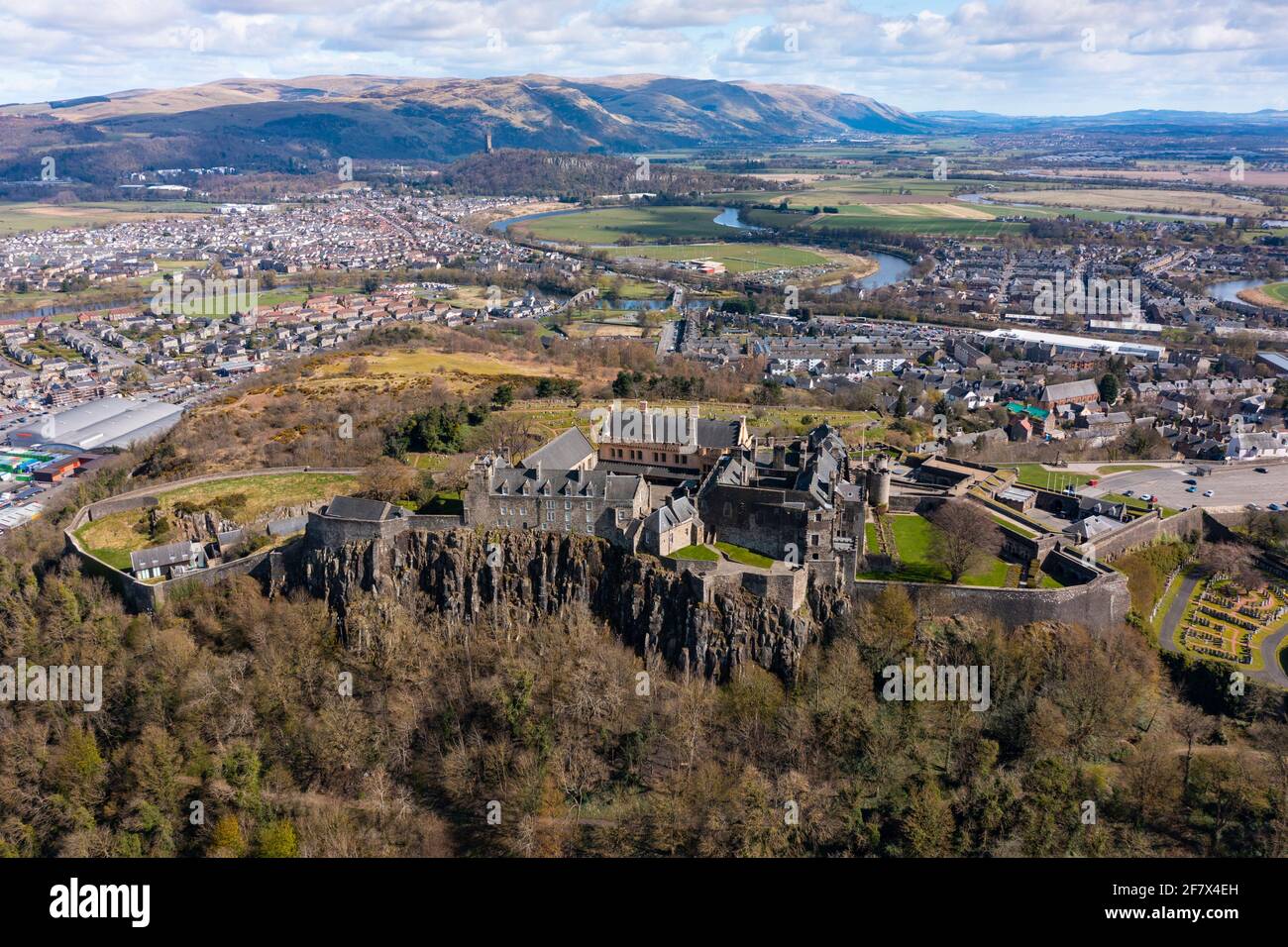 Aerial view from drone of Stirling Castle (closed during Covid-19 lockdown) in Stirling, Scotland, UK Stock Photo