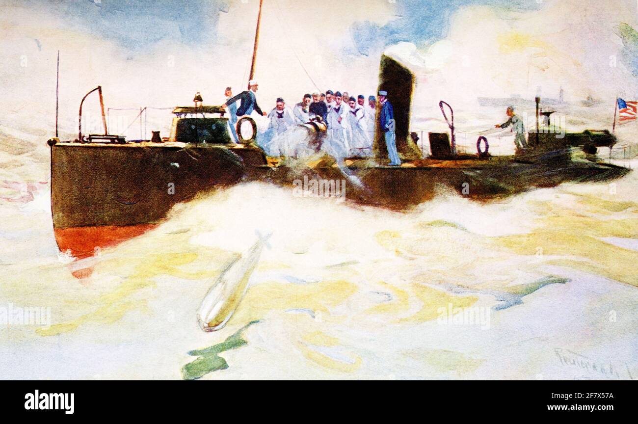 Naval cadets at practice firing a torpedo - so reads the caption. It was drawn by Henry Reuterdahl (1870-1925), a Swedish-American painter highly acclaimed for his nautical artwork. He had a long relationship with the United States Navy. Stock Photo