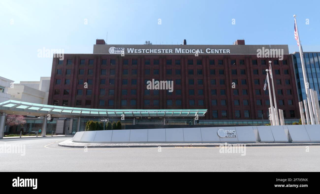 the main entrnace to the Westchester Medical Center hospital in Valhalla, New York in