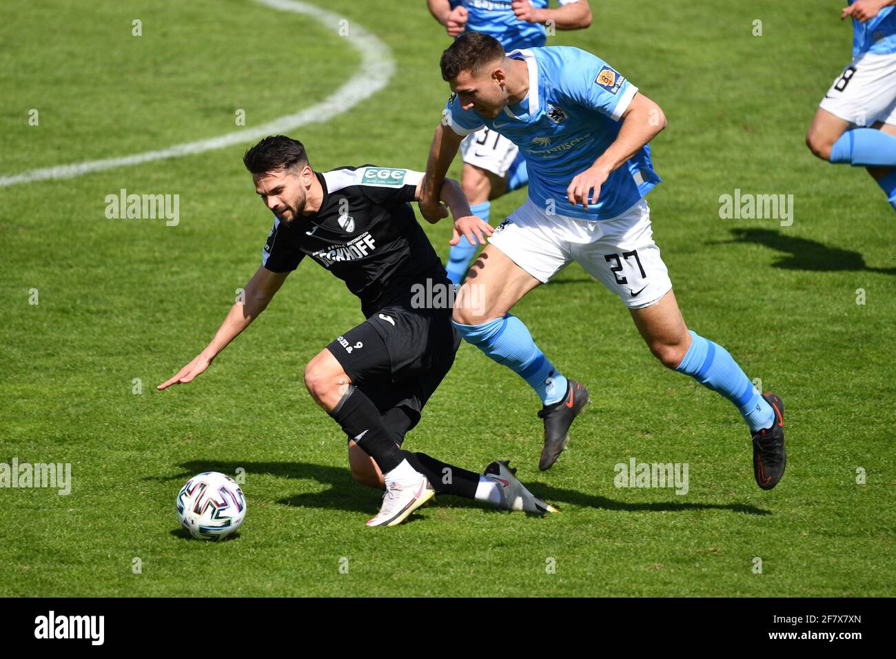 Semi BELKAHIA (TSV Munich 1860), action, duels versus Kasim RABIHIC (Verl),  Soccer 3.Liga, Liga3, TSV Munich 1860 - SC Verl on April 10th, 2021 in  Muenchen GRUENWALDER STADION. DFL REGULATIONS PROHIBIT ANY