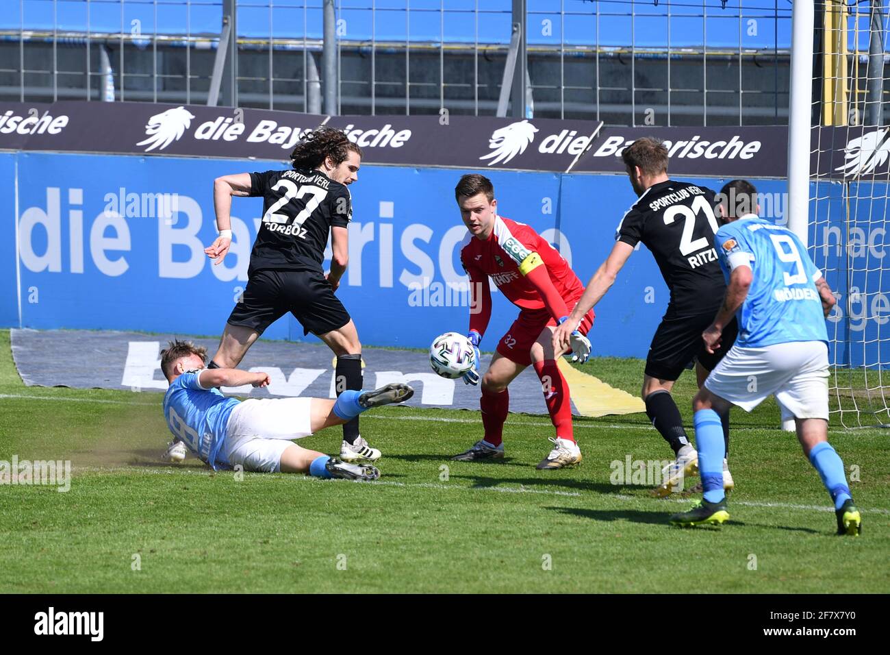 Muenchen GRUENWALDER STADION. 10th Apr, 2021. Mael CORBOZ (Verl), action,  duels versus Dennis DRESSEL (TSV Munich 1860). Soccer 3rd league, Liga3, TSV  Munich 1860 - SC Verl 3-2, on April 10th, 2021