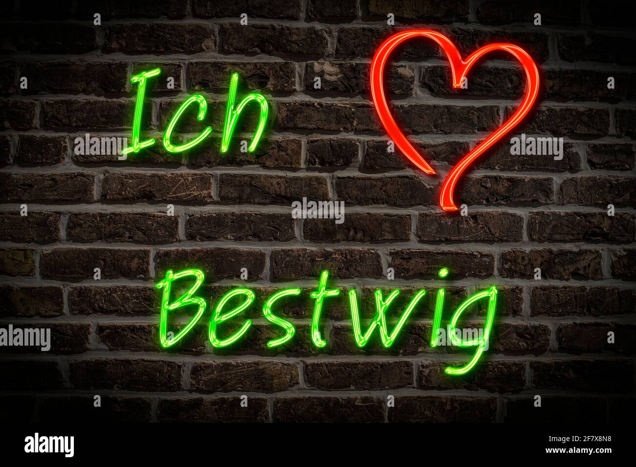 Leuchtreklame, Ich liebe Bestwig, Nordrhein-Westfalen, Deutschland, Europa | Illuminated advertising, I love Bestwig, North Rhine-Westphalia, Germany, Stock Photo