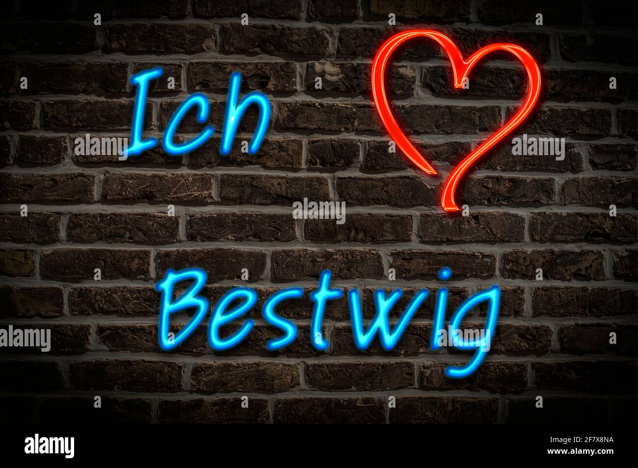 Leuchtreklame, Ich liebe Bestwig, Nordrhein-Westfalen, Deutschland, Europa | Illuminated advertising, I love Bestwig, North Rhine-Westphalia, Germany, Stock Photo