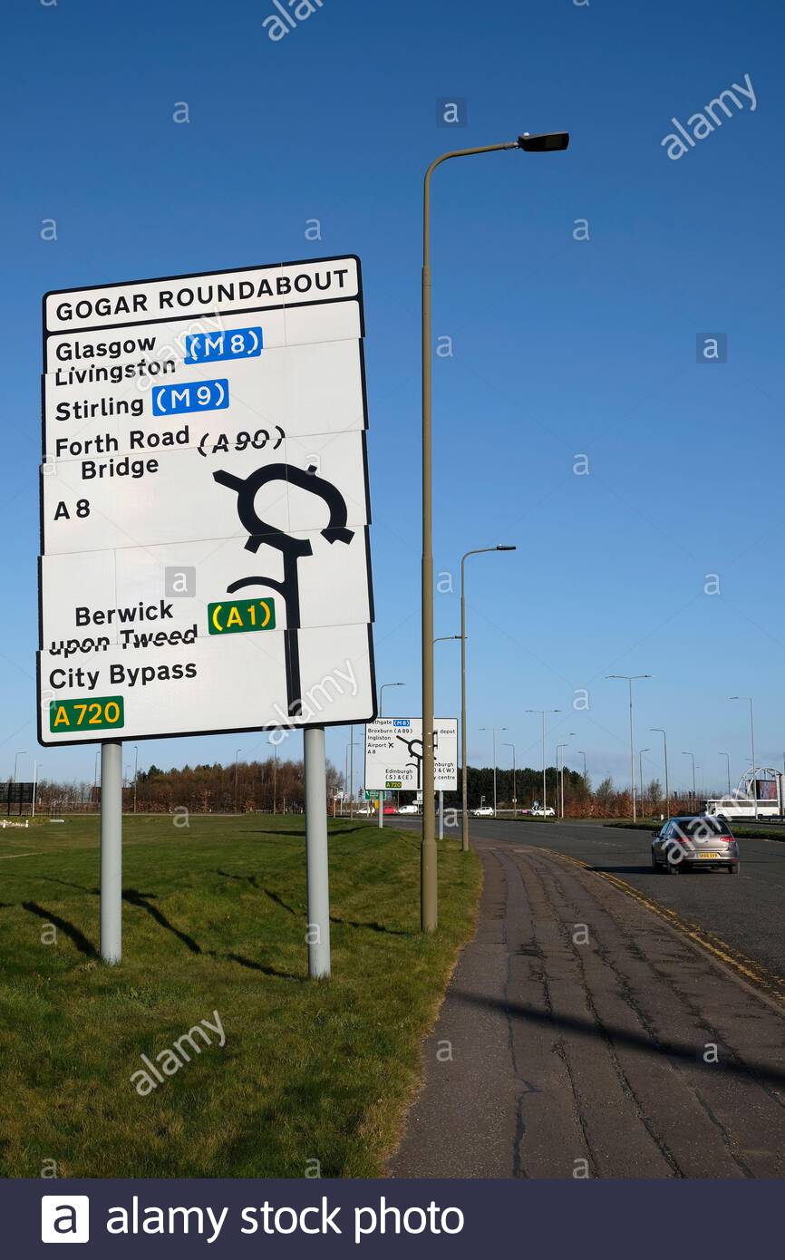 Gogar roundabout road sign, Edinburgh, Scotland Stock Photo