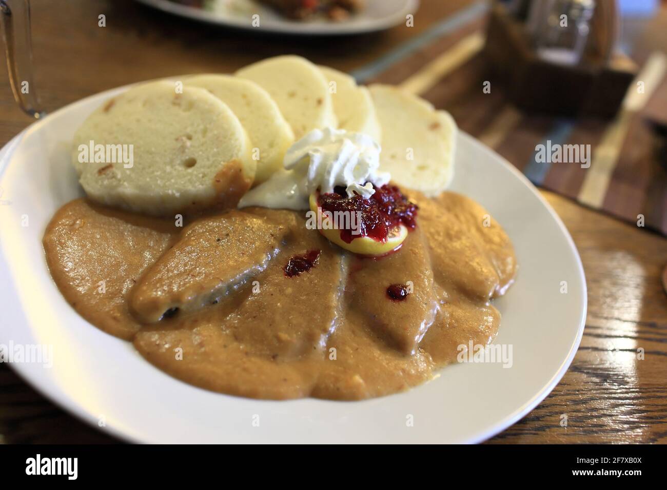 Czech goulash with the bread dumplings in the restaurant Stock Photo