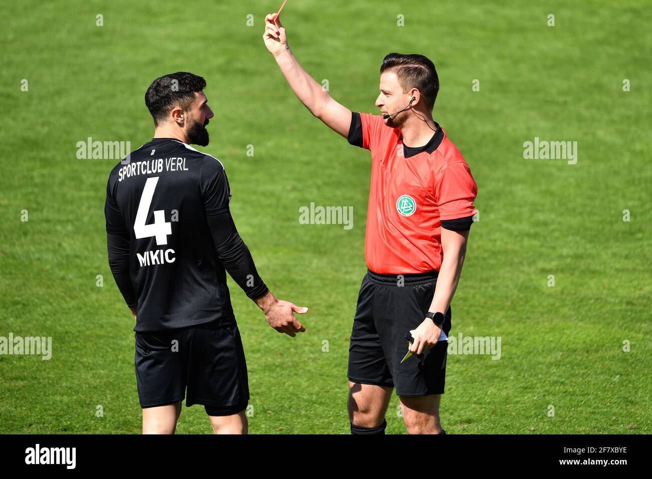 Muenchen GRUENWALDER STADION. 10th Apr, 2021. Mael CORBOZ (Verl), action,  duels versus Dennis DRESSEL (TSV Munich 1860). Soccer 3rd league, Liga3, TSV  Munich 1860 - SC Verl 3-2, on April 10th, 2021