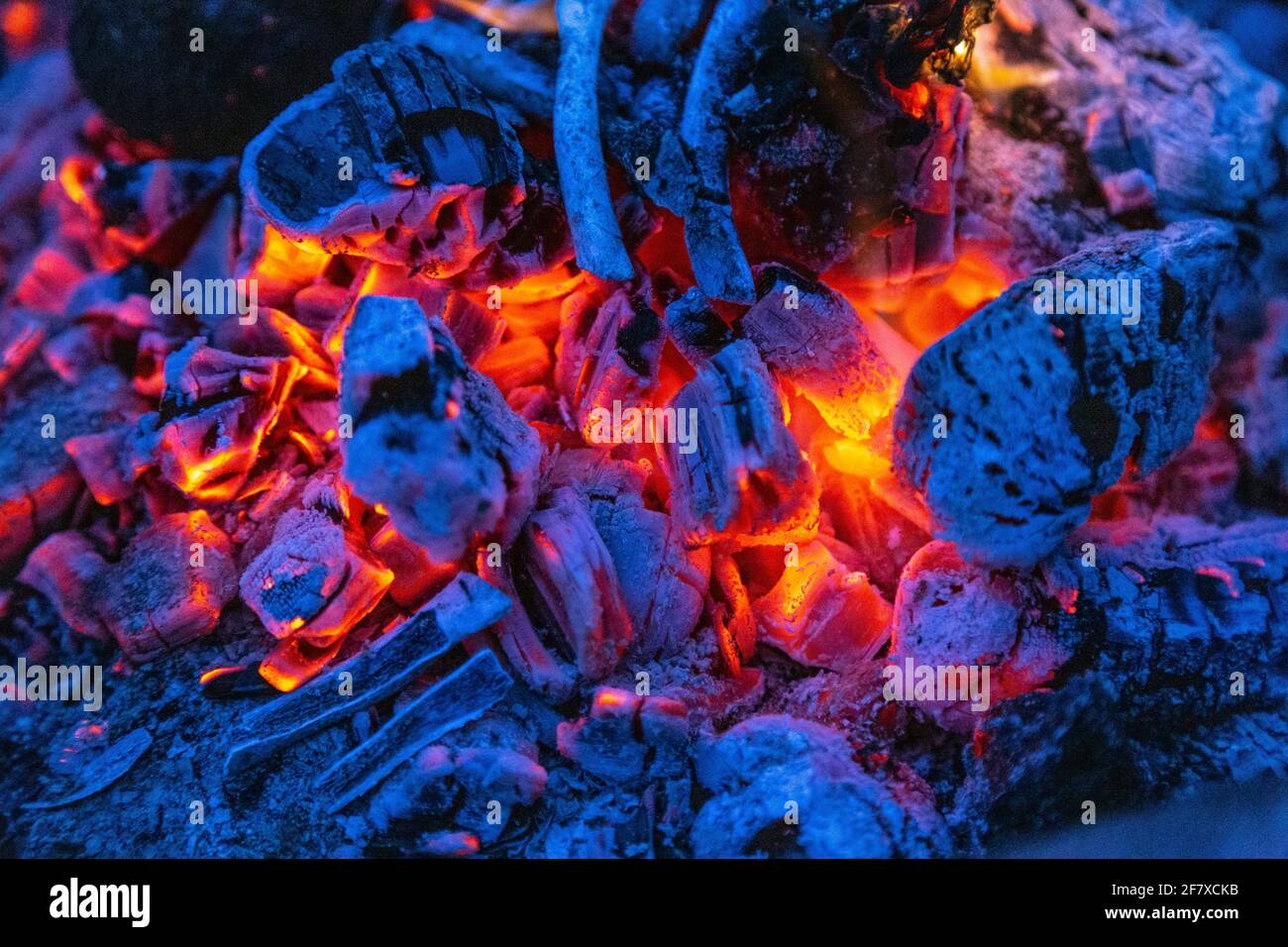 Fire burning coals, glowing embers Stock Photo