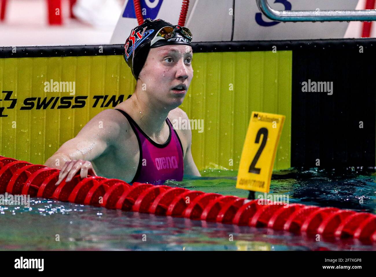 EINDHOVEN, NETHERLANDS - APRIL 10: Kim Jansen van Galen of the Netherlands winner of the Women 400m Medley during the Eindhoven Qualification Meet at Stock Photo