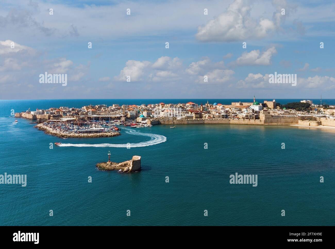 Boats off the coast of the ancient city of Akko aerial photography Stock Photo