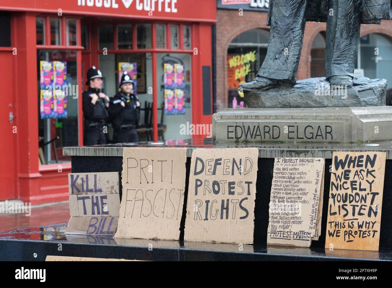 Worcester, Worcestershire, UK – Saturday 10th April 2021 – Placards left by Kill The Bill protesters in Worcester city centre against the new Police, Crime, Sentencing and Courts Bill ( PCSC ) which they feel will limit their rights to legal protest. Photo Steven May / Alamy Live News Stock Photo