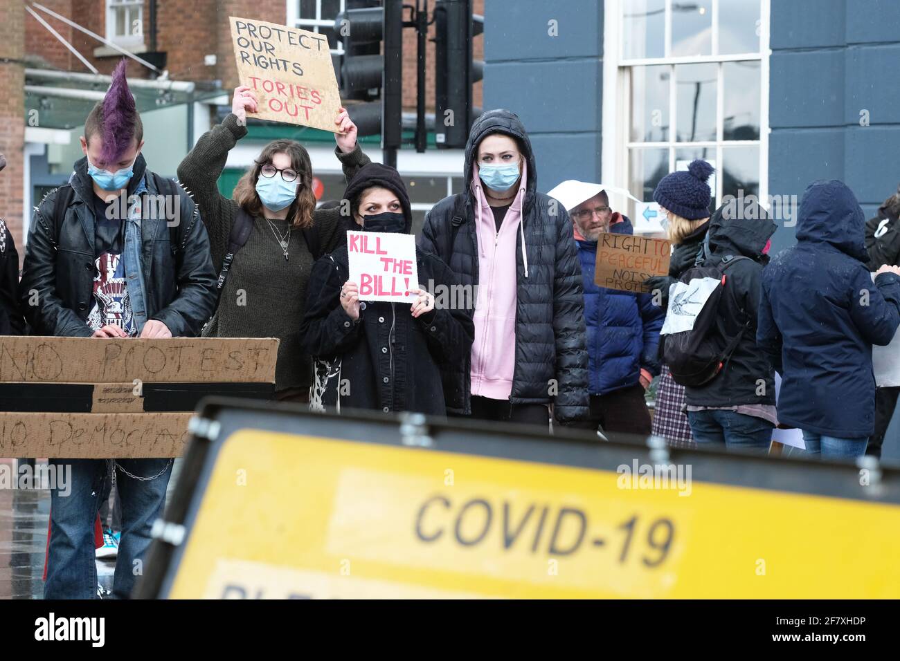 Worcester, Worcestershire, UK – Saturday 10th April 2021 – Kill The Bill protesters demonstrate in Worcester city centre against the new Police, Crime, Sentencing and Courts Bill ( PCSC ) which they feel will limit their rights to legal protest. Photo Steven May / Alamy Live News Stock Photo