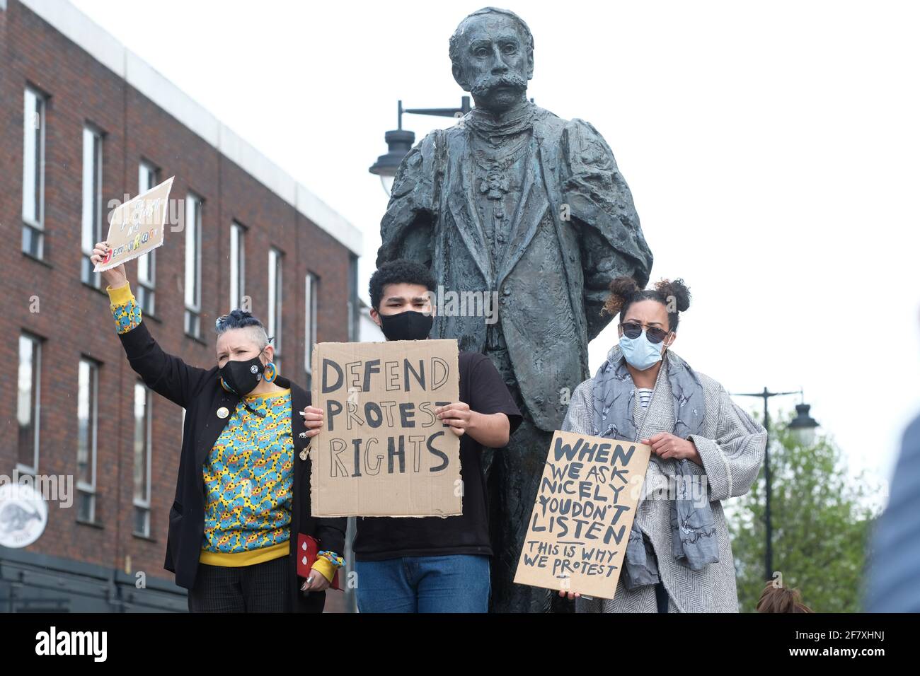 Worcester, Worcestershire, UK – Saturday 10th April 2021 – Kill The Bill protesters demonstrate in Worcester city centre beside a statue of Elgar against the new Police, Crime, Sentencing and Courts Bill ( PCSC ) which they feel will limit their rights to legal protest. Photo Steven May / Alamy Live News Stock Photo