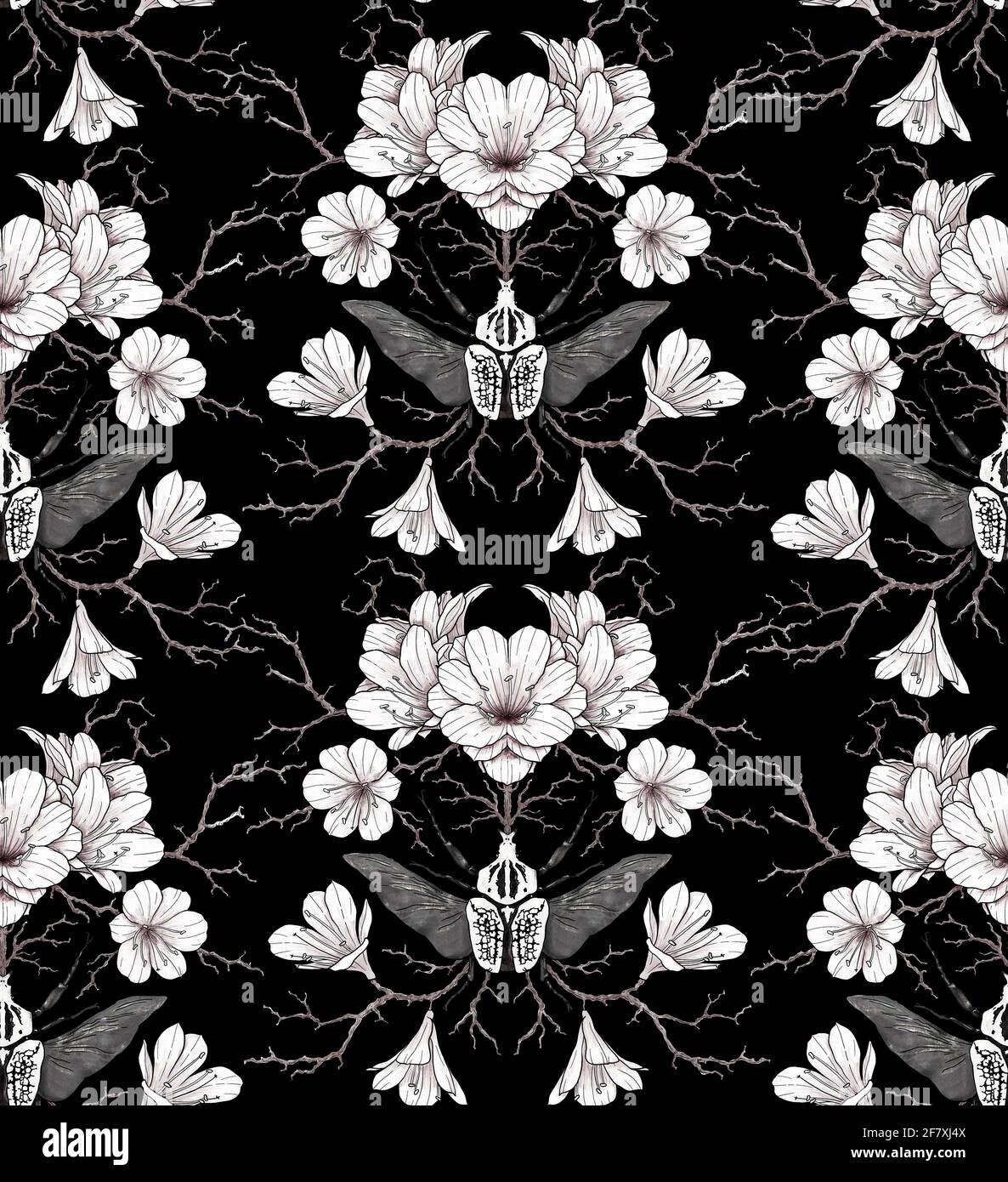 Mystical seamless pattern with beautiful flowers on black background. Hand drawing. Suitable for fabric, wrapping paper, wallpaper Stock Photo