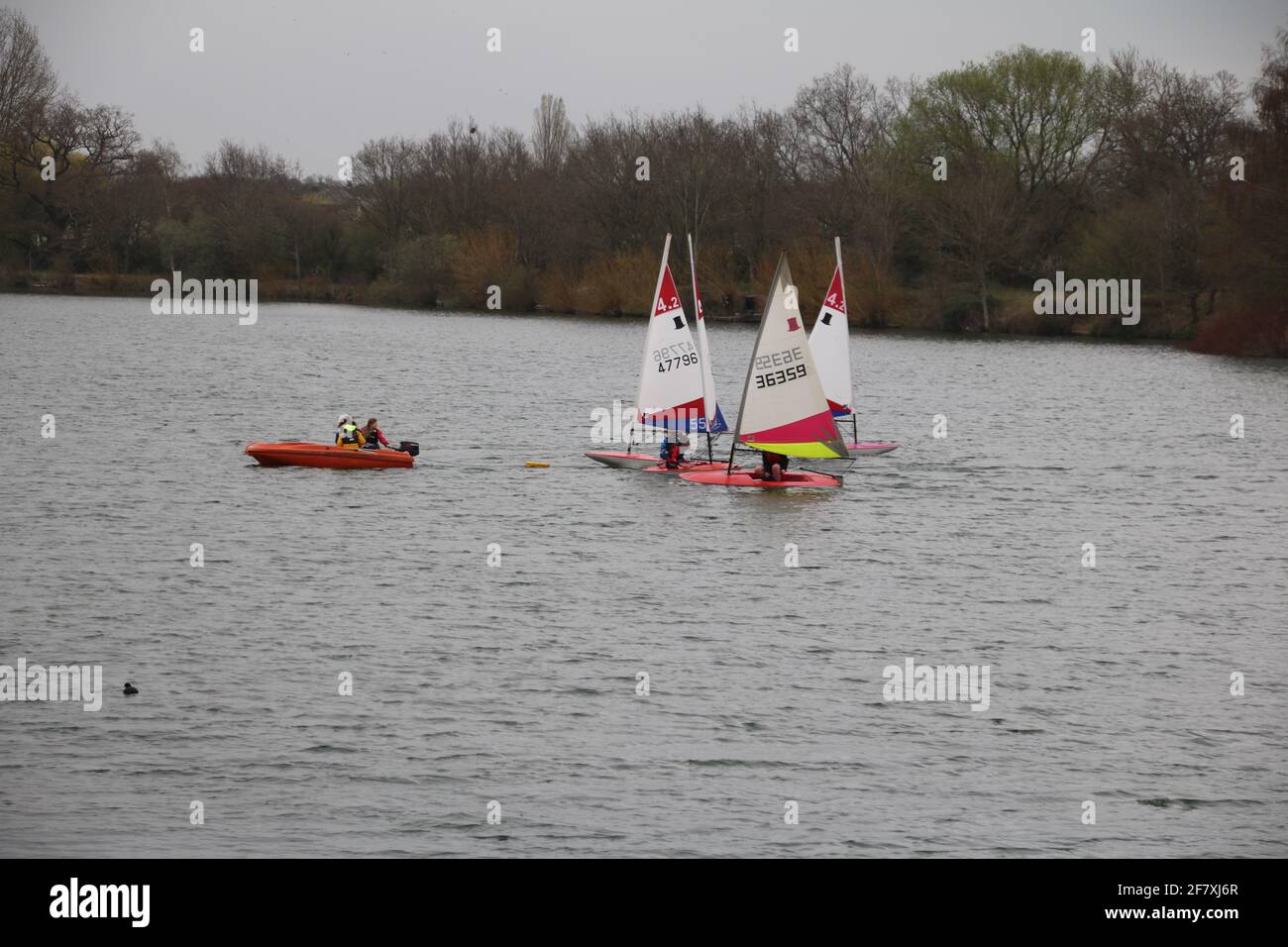 sailing craft on a lake with safety boat Stock Photo