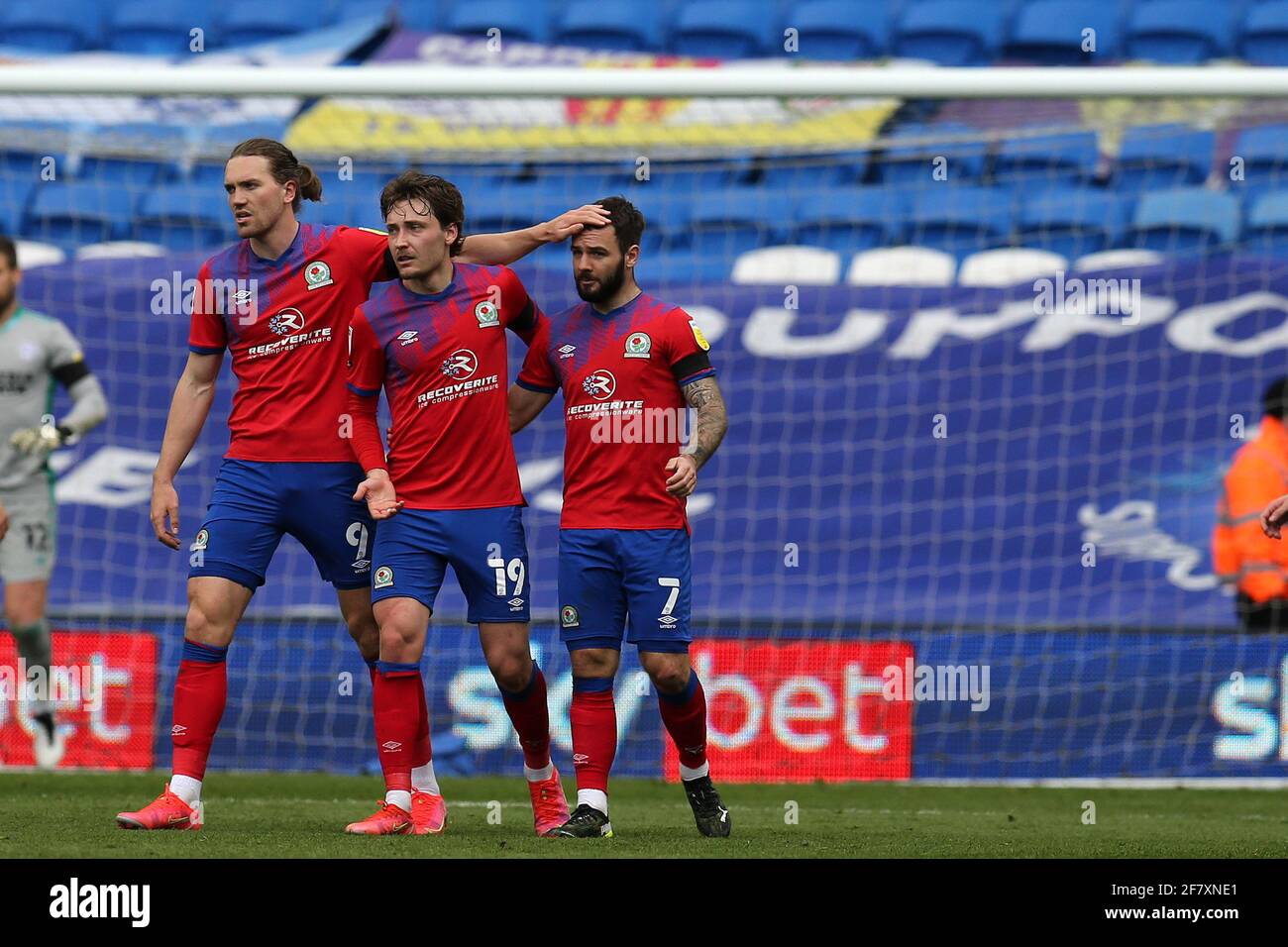 Cardiff Uk 10th Apr 2021 Adam Armstrong Of Blackburn Rovers 7 Celebrates With Teammates After He Scores Their 1st Goal Efl Skybet Championship Match Cardiff City V Blackburn Rovers At The Cardiff
