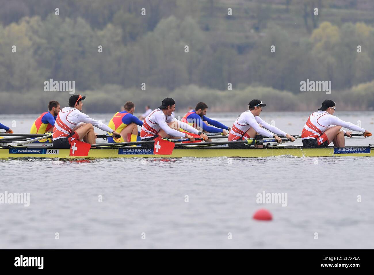 Varese, Italy. 10th Apr, 2021. Markus Kessler, Paul Jacquot, Joel Schuerch, Andrin Gulich (SUI), Men's Four during European Rowing Championships 2021, Canoying in Varese, Italy, April 10 2021 Credit: Independent Photo Agency/Alamy Live News Stock Photo