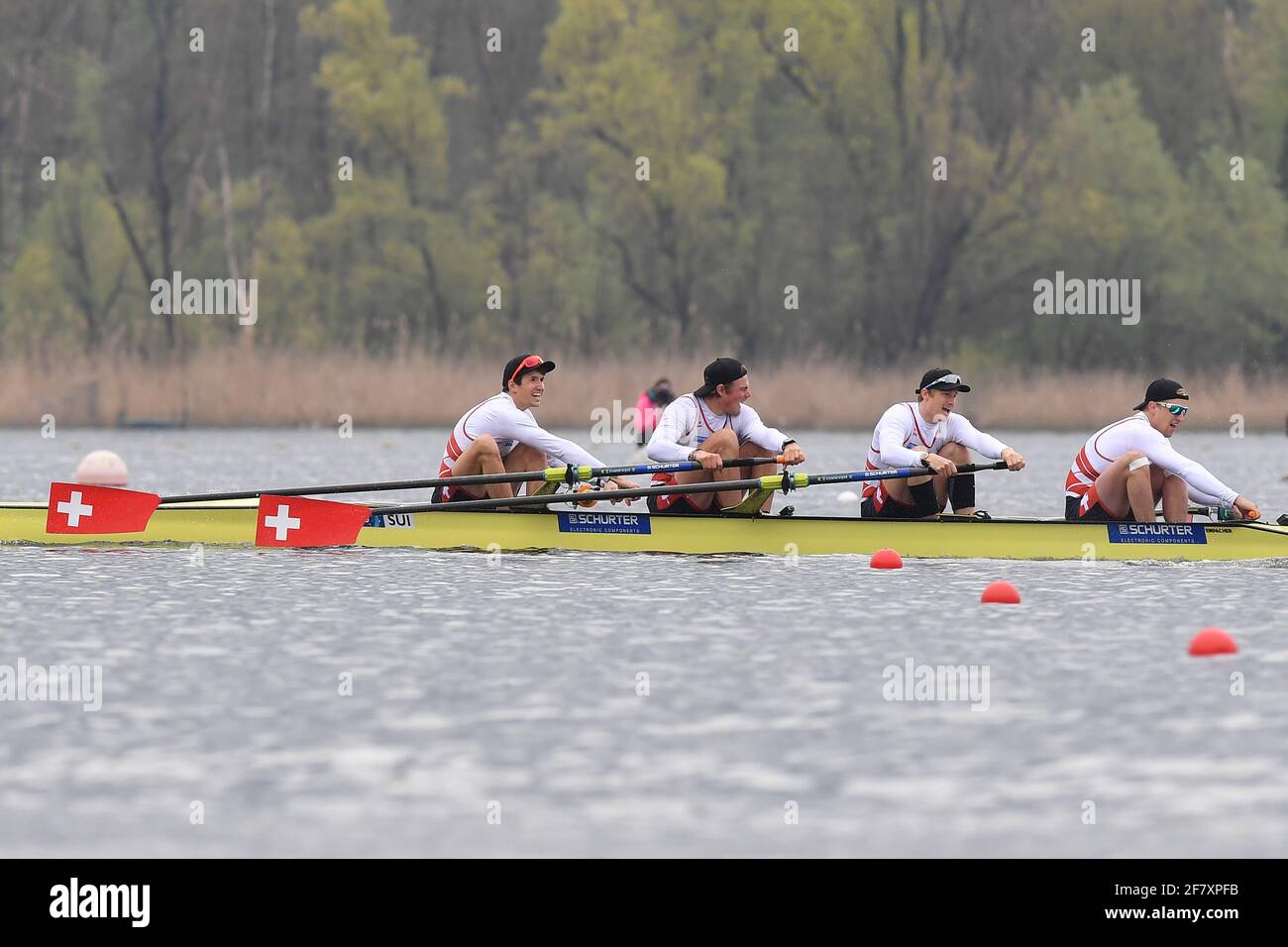 Varese, Italy. 10th Apr, 2021. Markus Kessler, Paul Jacquot, Joel Schuerch, Andrin Gulich (SUI), Men's Four during European Rowing Championships 2021, Canoying in Varese, Italy, April 10 2021 Credit: Independent Photo Agency/Alamy Live News Stock Photo