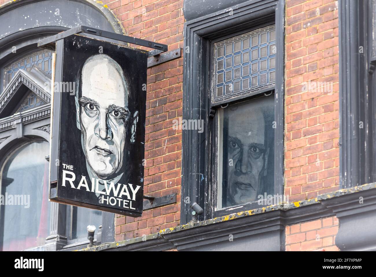 Railway Hotel pub & accommodation in Southend on Sea, Essex, UK. Known for its live music and vegan menu, closed down by COVID 19. Wilko Johnson sign Stock Photo