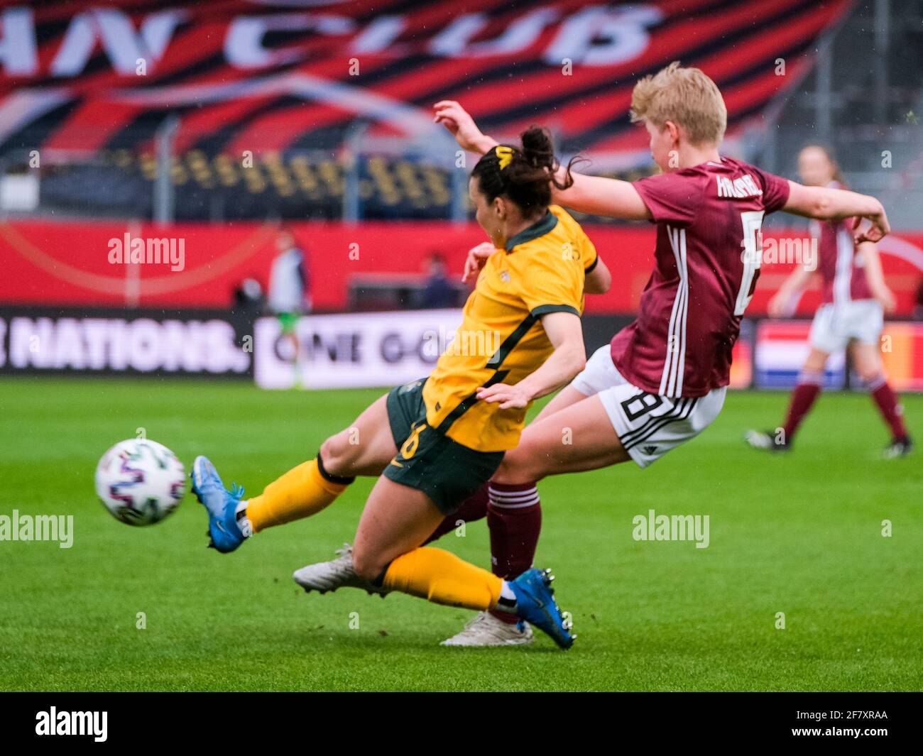 Hayley Raso (16 Australia ) goes for the ball during a tackle during the International Friendly match between Germany and Australia at the Brita-Arena in Wiesbaden Germany. Stock Photo