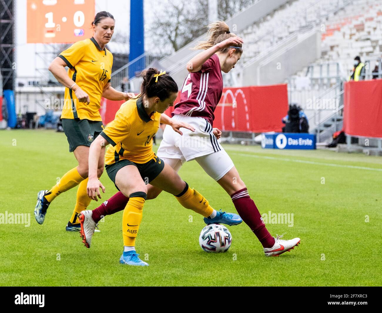Hayley Raso (16 Australia ) steals the ball during the International Friendly match between Germany and Australia at the Brita-Arena in Wiesbaden Germany. Stock Photo