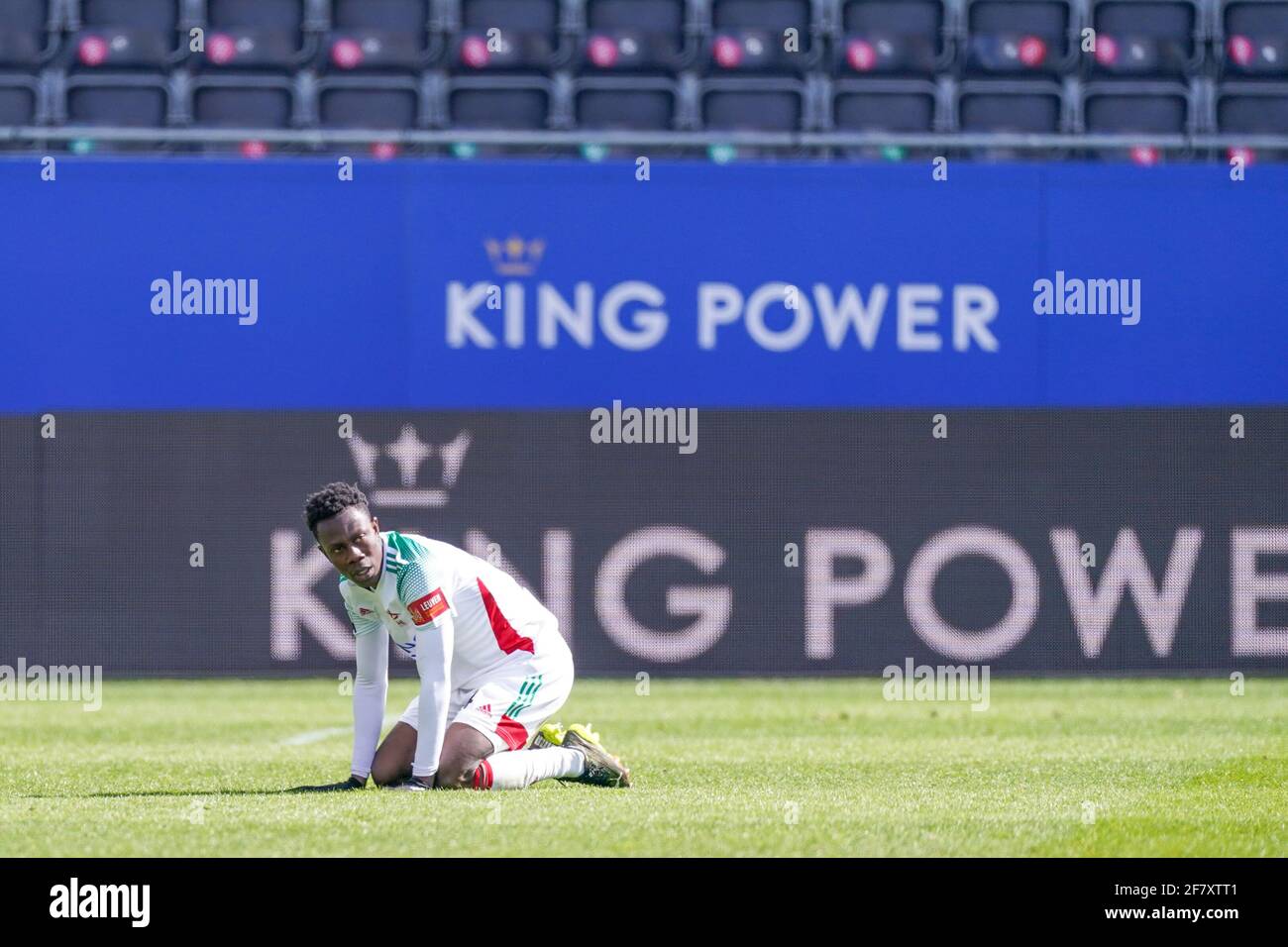 LEUVEN, BELGIUM - APRIL 5: Kamal Sowah of OH Leuven disappointed during the Jupiler Pro League match between Oud-Heverlee Leuven and KRC Genk at Den D Stock Photo