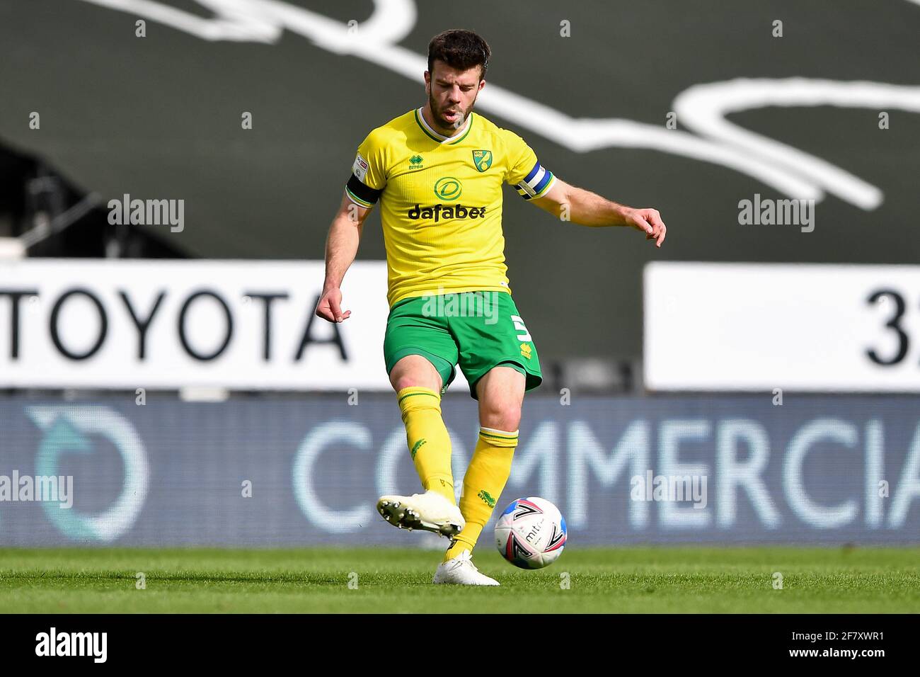 DERBY, ENGLAND. APRIL 10TH: Grant Hanley of Norwich City in action during the Sky Bet Championship match between Derby County and Norwich City at the Pride Park, Derby on Saturday 10th April 2021. (Credit: Jon Hobley | MI News) Credit: MI News & Sport /Alamy Live News Stock Photo