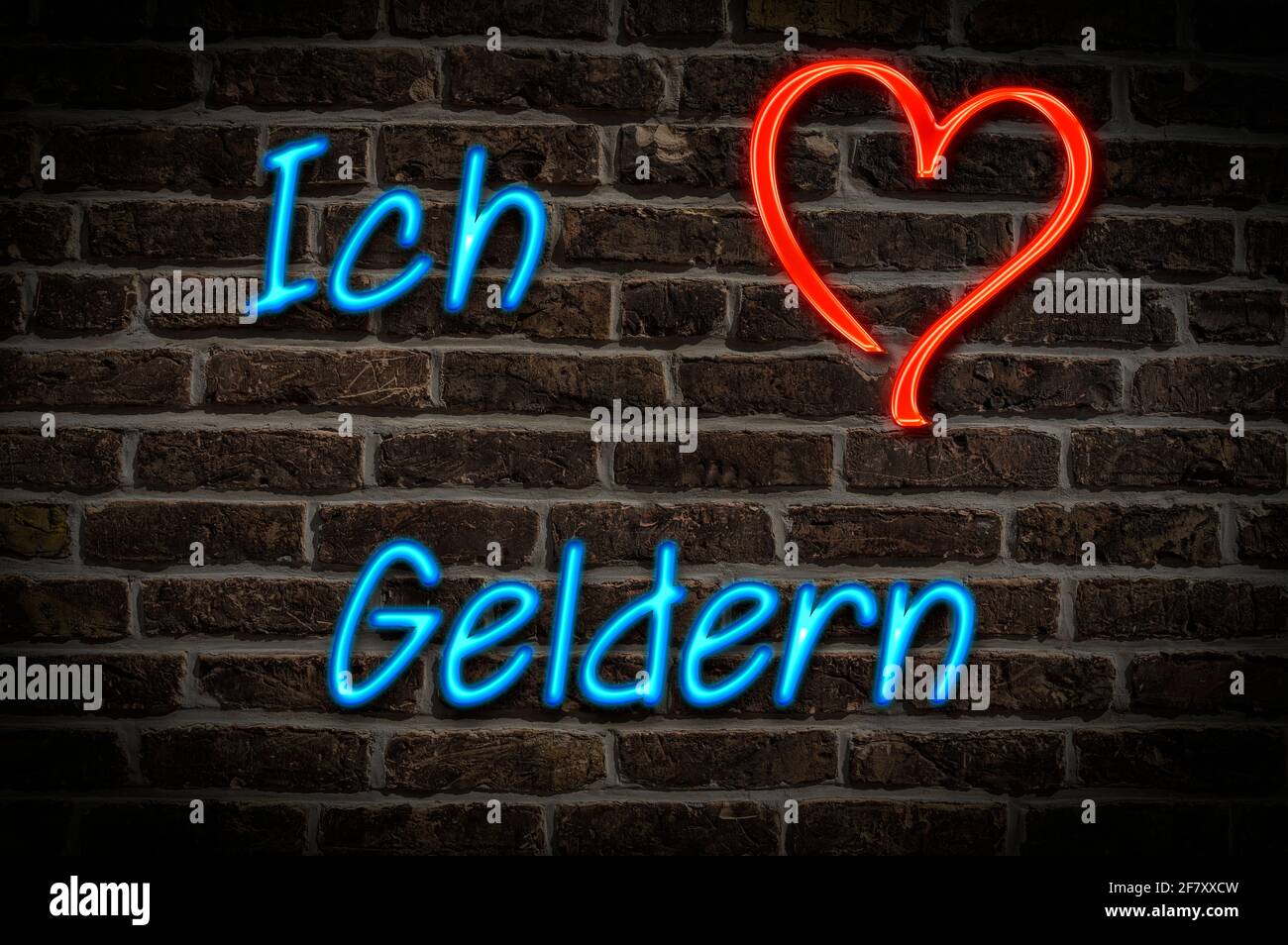 Leuchtreklame, Ich liebe Geldern, Nordrhein-Westfalen, Deutschland, Europa | Illuminated advertising, I love Geldern, North Rhine-Westphalia, Germany, Stock Photo