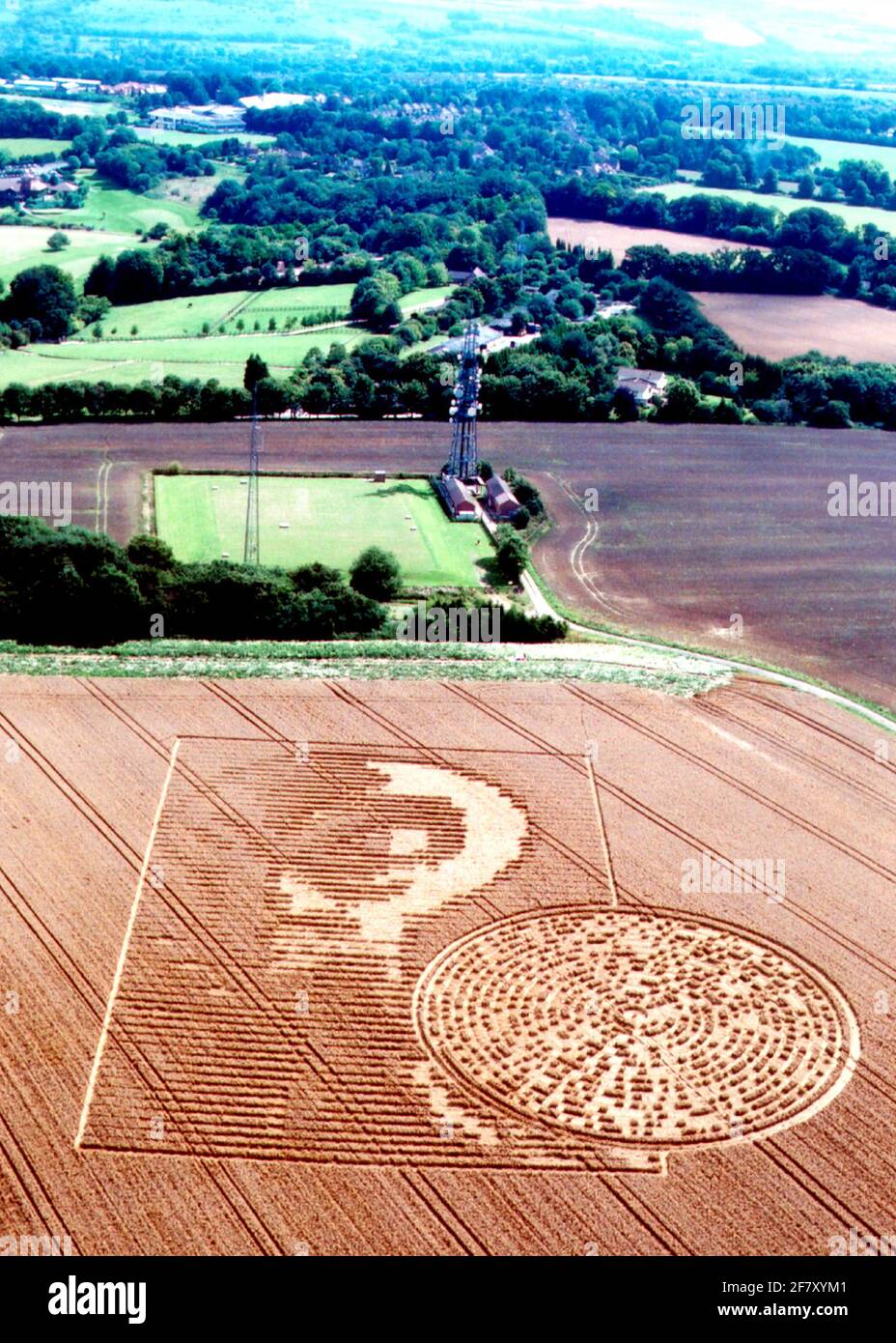 THE FACE OF AN ALIEN ALONGSIDE A COMPUTER DISC AT SPARSHOLT NEAR WINCHESTER. THE CROP DESIGN MEASURING 100 METRES ACROSS IS ALONGSIDETHE SPARSHOLT RADIO MAST ARRAY. PIC MIKE WALKER PORTSMOUTH. Stock Photo