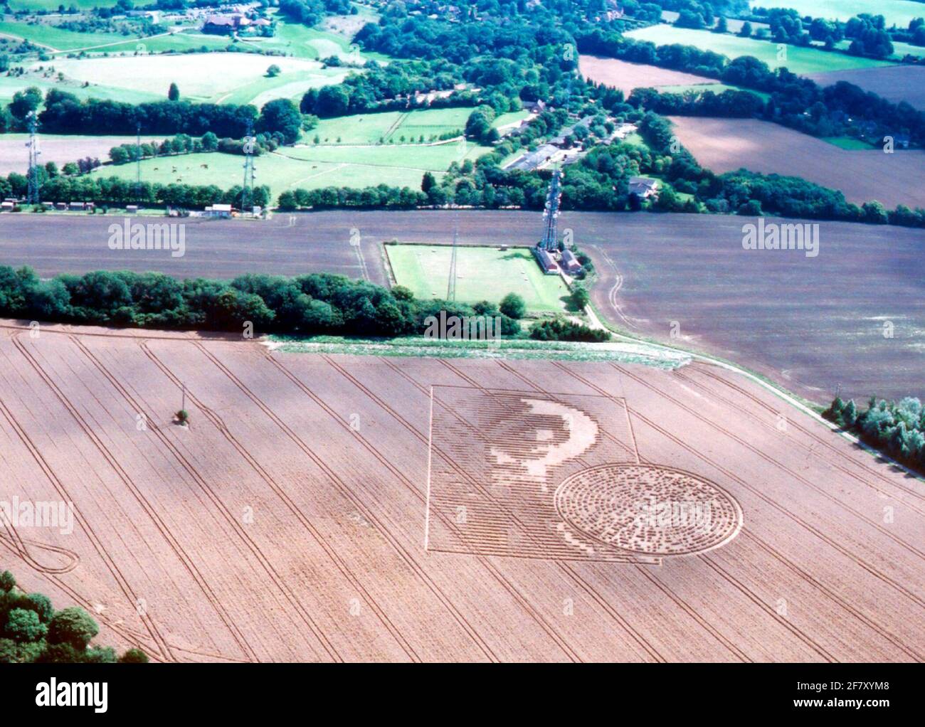 THE FACE OF AN ALIEN ALONGSIDE A COMPUTER DISC AT SPARSHOLT NEAR WINCHESTER. THE CROP DESIGN MEASURING 100 METRES ACROSS IS ALONGSIDETHE SPARSHOLT RADIO MAST ARRAY. PIC MIKE WALKER 2002 Stock Photo
