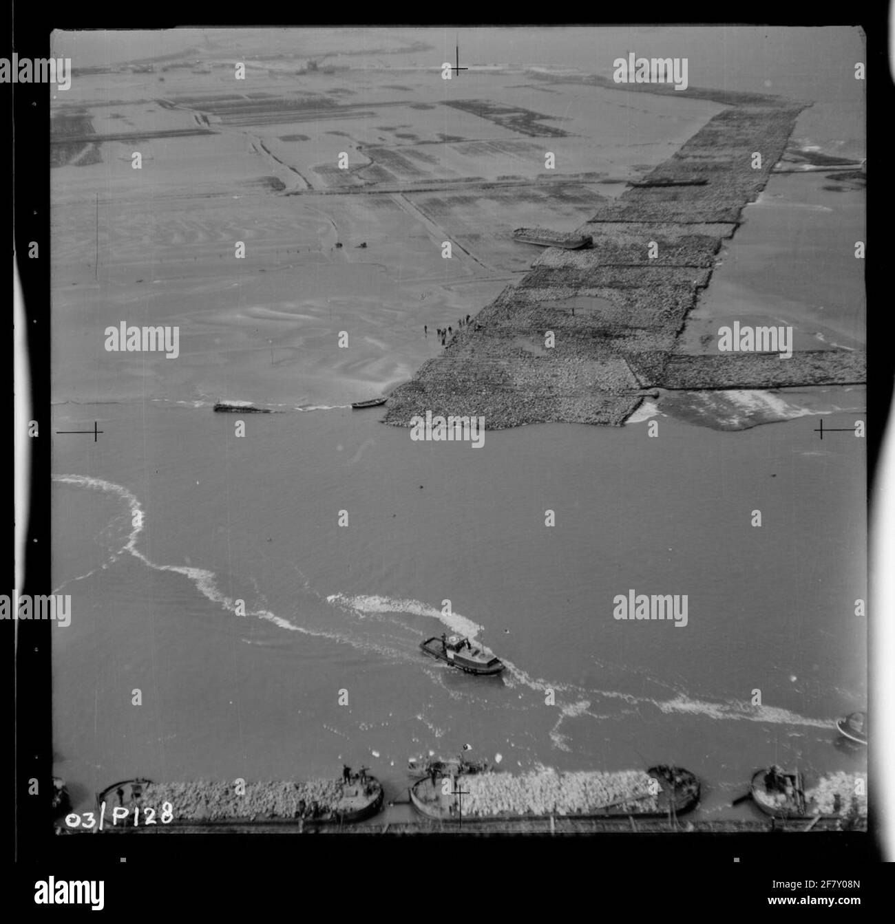Water release disaster 1953. Air photo of Schelphoek and an overview of the area affected by the disaster. Work on an embankment to be applied. Stock Photo