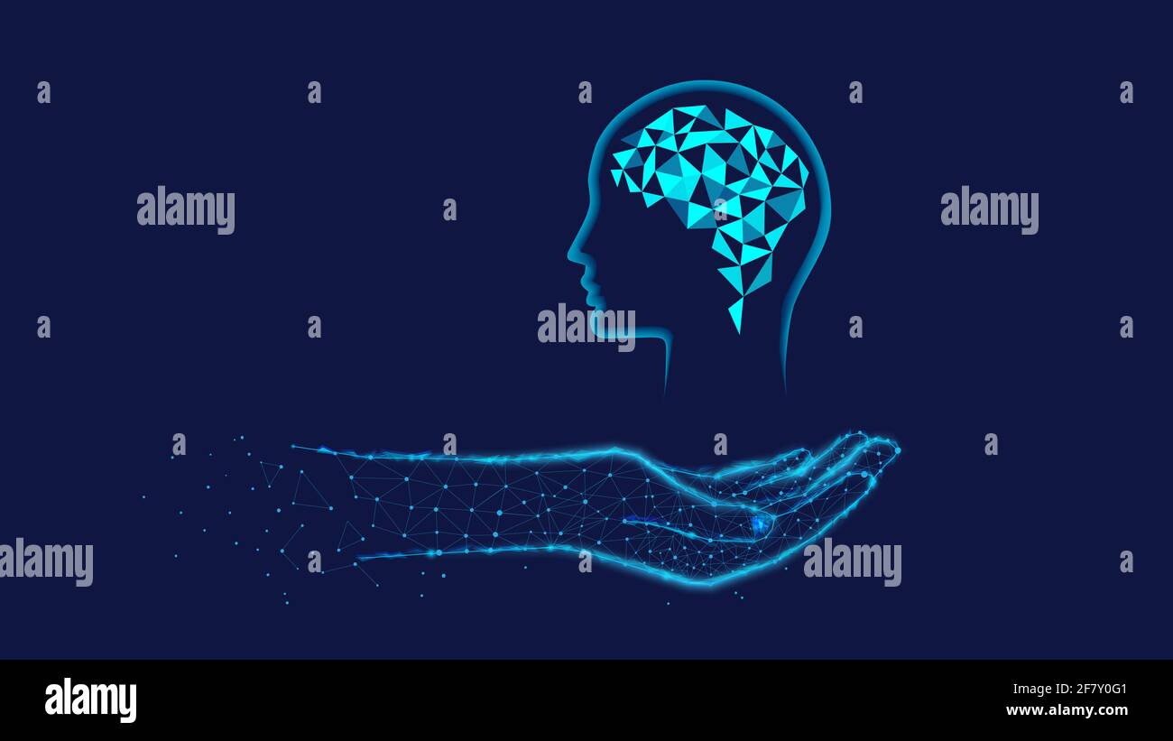 Head, Brain in polygonal hand. Innovation concept or human thinking, neural networks, artificial intelligence, innovative technology, and communicatio Stock Photo