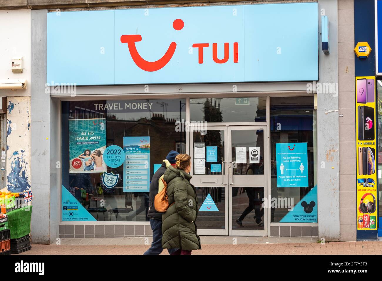 Tui travel agent shop, store in High Street, Southend on Sea, Essex, UK, closed during COVID 19. Tui AG, Tui Group travel agency. People passing Stock Photo