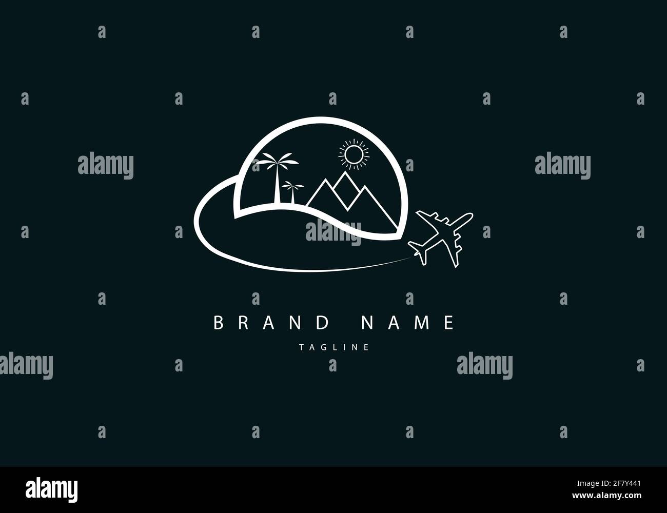 Line art travel logo, minimal logotype of mountain, trees and plane Stock Vector