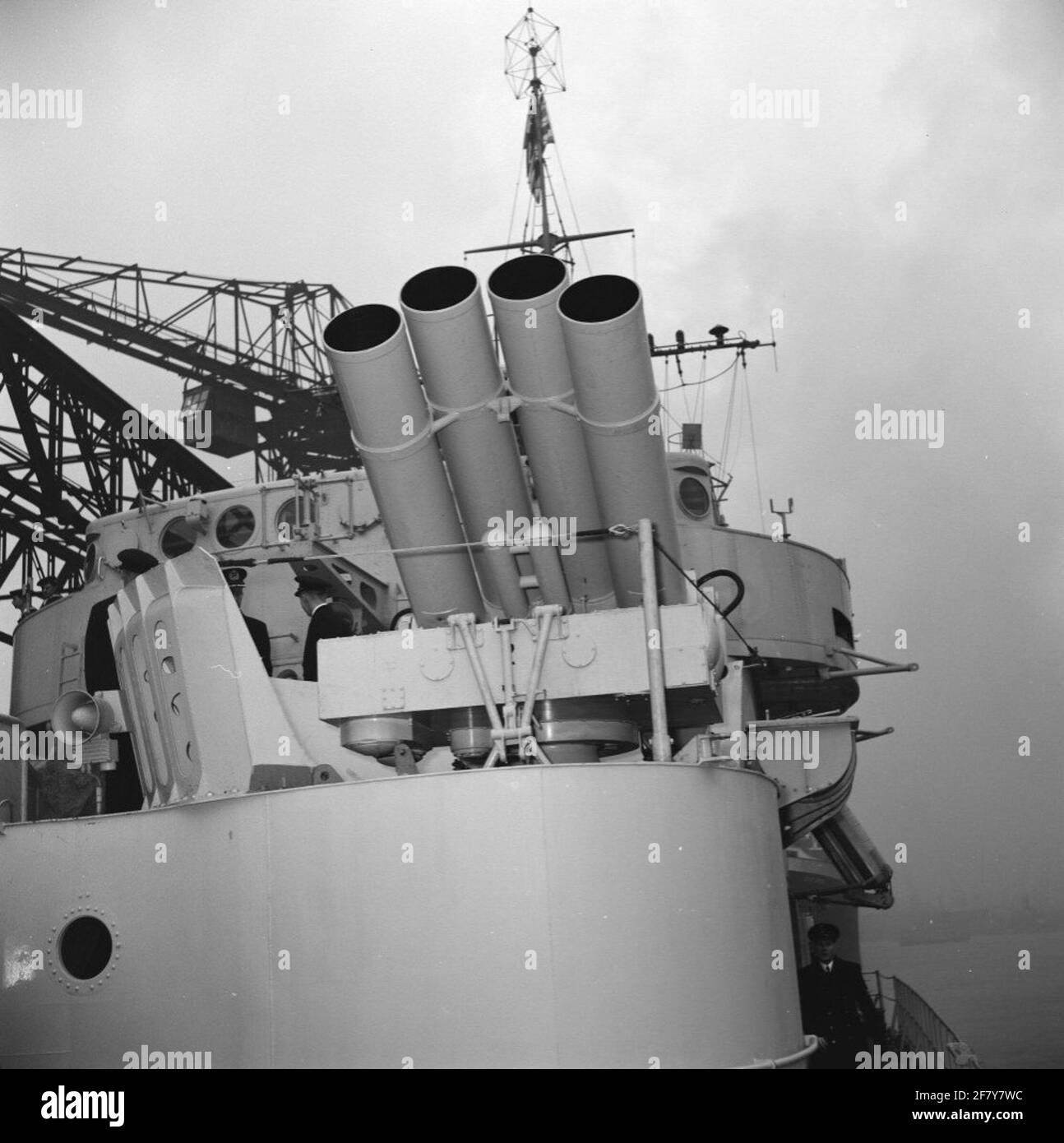 Subdue boat hunter rocket depth bomber a / b hr.ms. Holland (D 808) photographed on the day of the commissioning at the Rotterdamsche Droogdok Maatschappij (RDM) in December 1954. Stock Photo