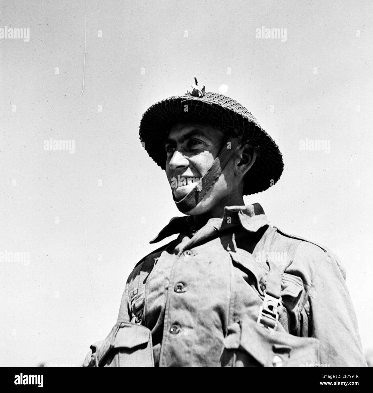 Infanterist with English model helmet and old type of elastic chin band. Stock Photo